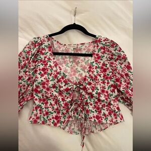 For Love And Lemons Red and Pink Puff Sleeve Crop Blouse